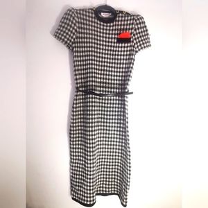 St John black midi dress with cardigan, gold belt and buttons, classic